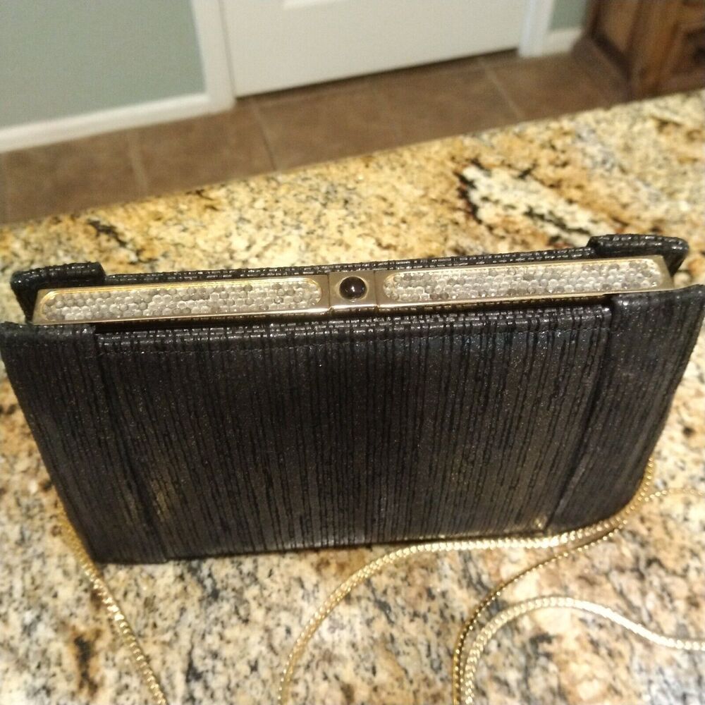 Rare ASHNEIL Black Shoulder Bag Clutch gold sparkle top purse Button Open EUC!!